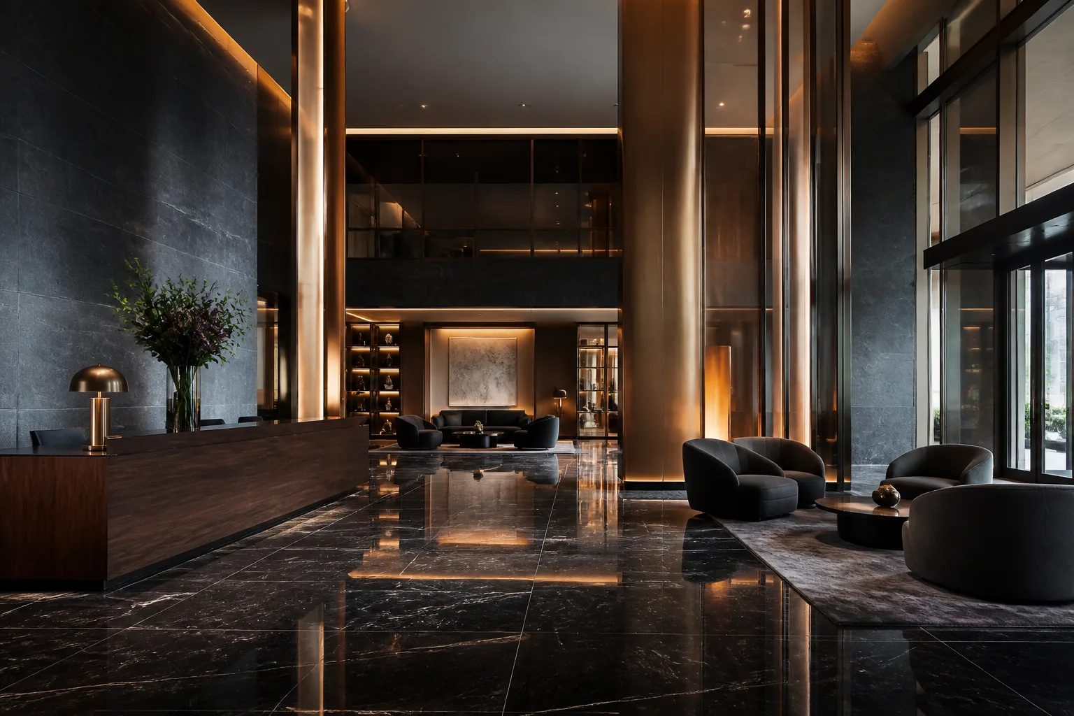 Grand lobby with bronze columns and marble floors